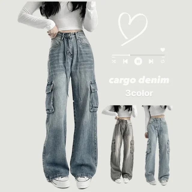 빈티지카고데님💗허리조절, 스트링 워싱 하이웨스트 일자 와이드 데님팬츠 청바지 3color