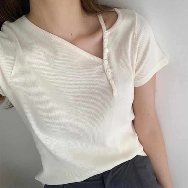 유니크 브이넥 단추 골지 반팔 티셔츠 (3col)
