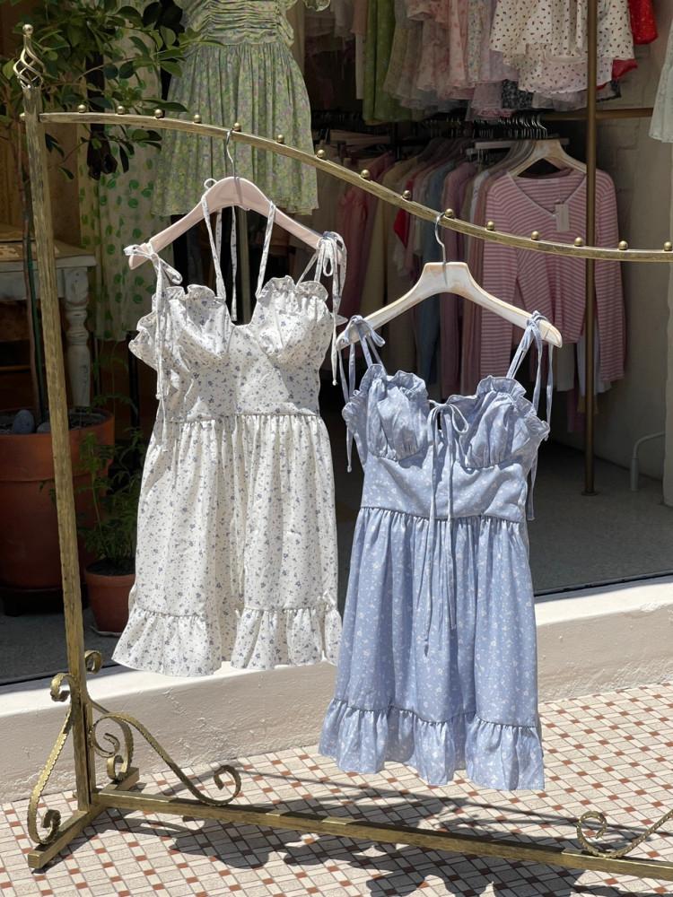 여름 잔꽃 플라워 끈 휴양지 리본 미니원피스