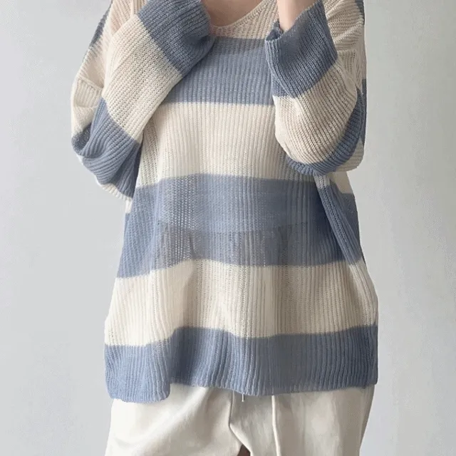 [살탐방지 여름니트] 단가라 그물 니트 여름니트추천 긴팔니트 살탐방지 스트라이프니트