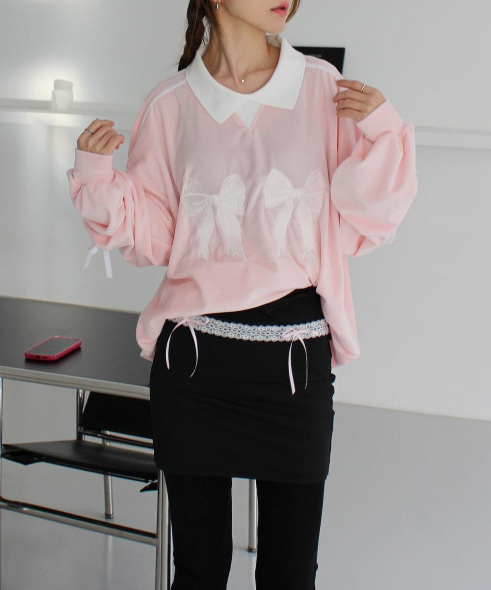 (2color) 벨로아 리본 자수 카라 트랙 라인 긴팔 맨투맨