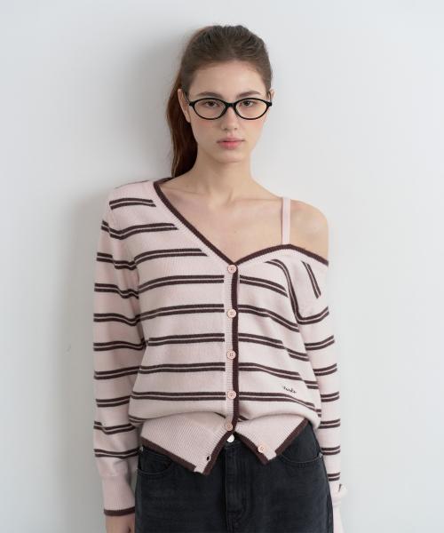 ONE OFF SHOULDER STRIPE WOOL BLENDED CARDIGAN PINK