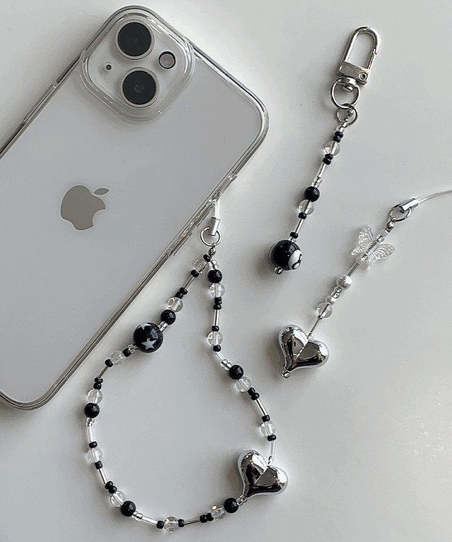 [신규오픈할인] y2k 힙한 핸드폰 스트랩 키링 비즈 키링 실버 블랙 키링