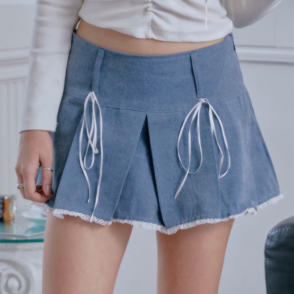 MF BONNIE RIBBON PLEATS SKIRT-BLUE