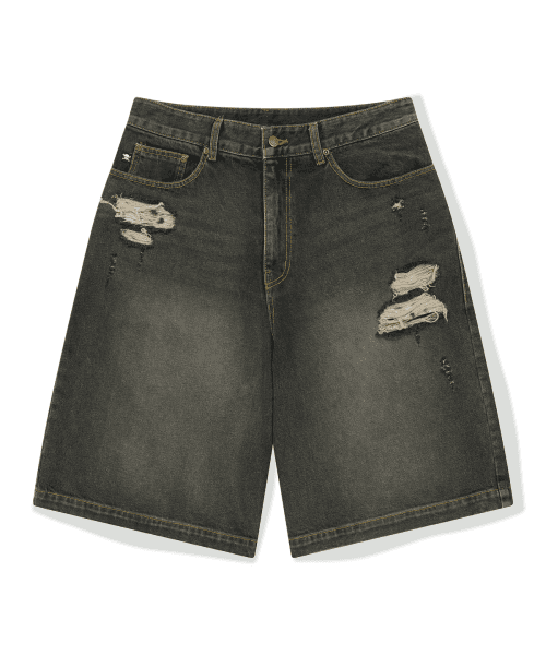 [KOIN SEOUL] DAMAGED SKULL DENIM SHORTS (BLACK)