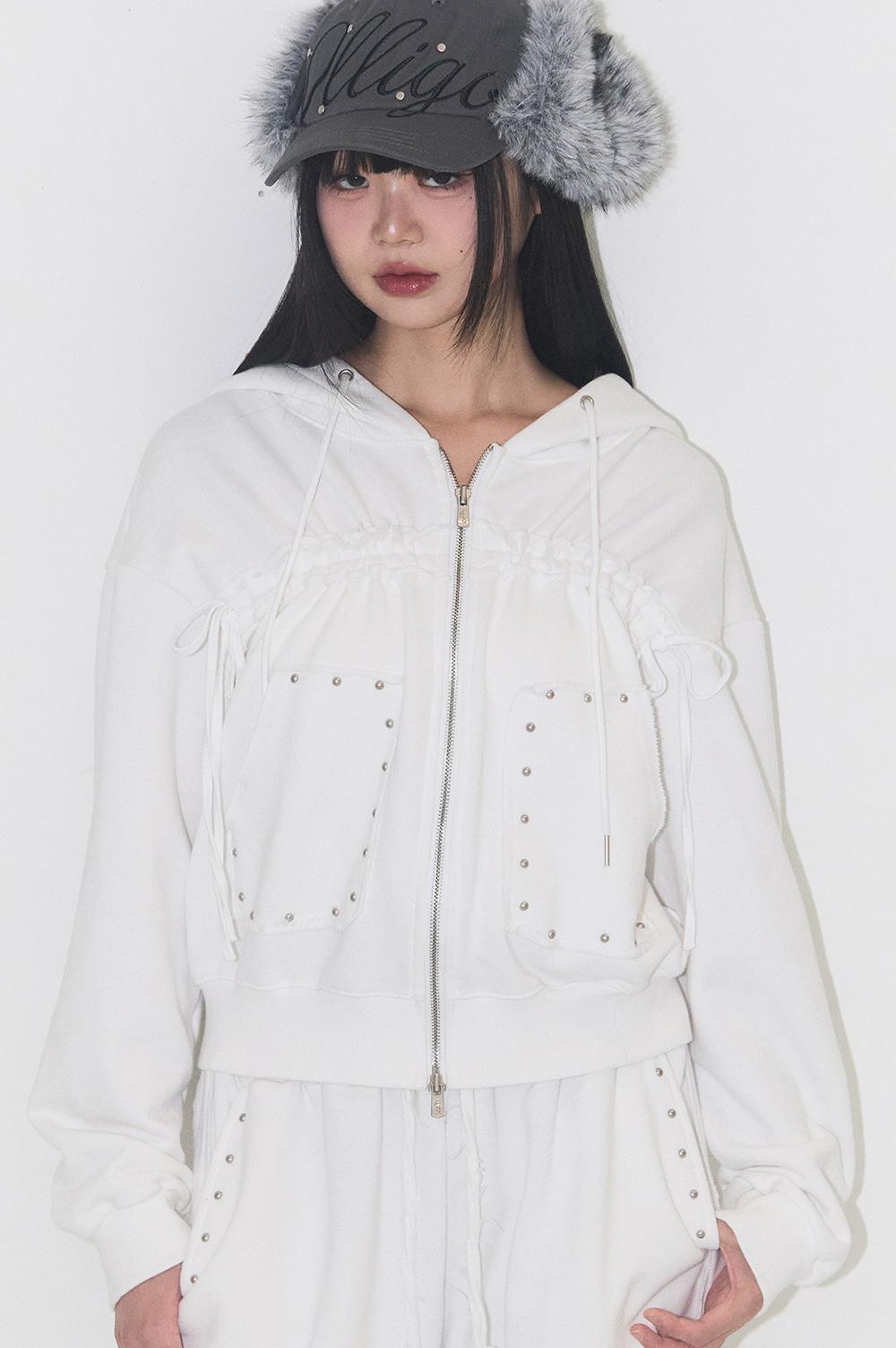 프레이드 스트링 후드 집업 화이트