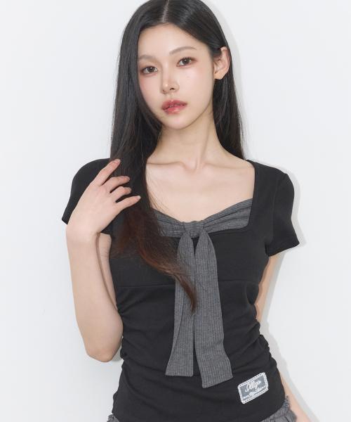 레이어드 리본 타이 티셔츠 블랙