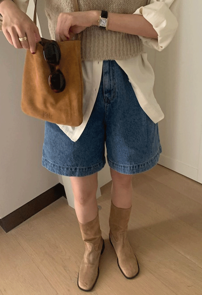 pintuck half denim pants