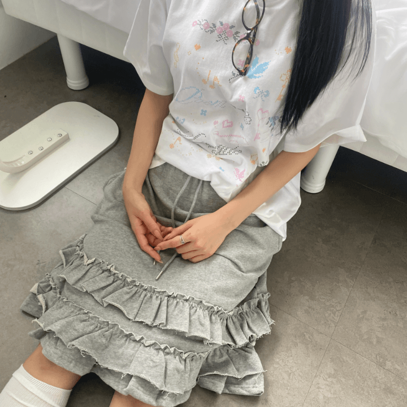 페르소비 [핏예쁨/국내제작] 로이 이중 프릴 쭈리 미디 밴딩 스커트