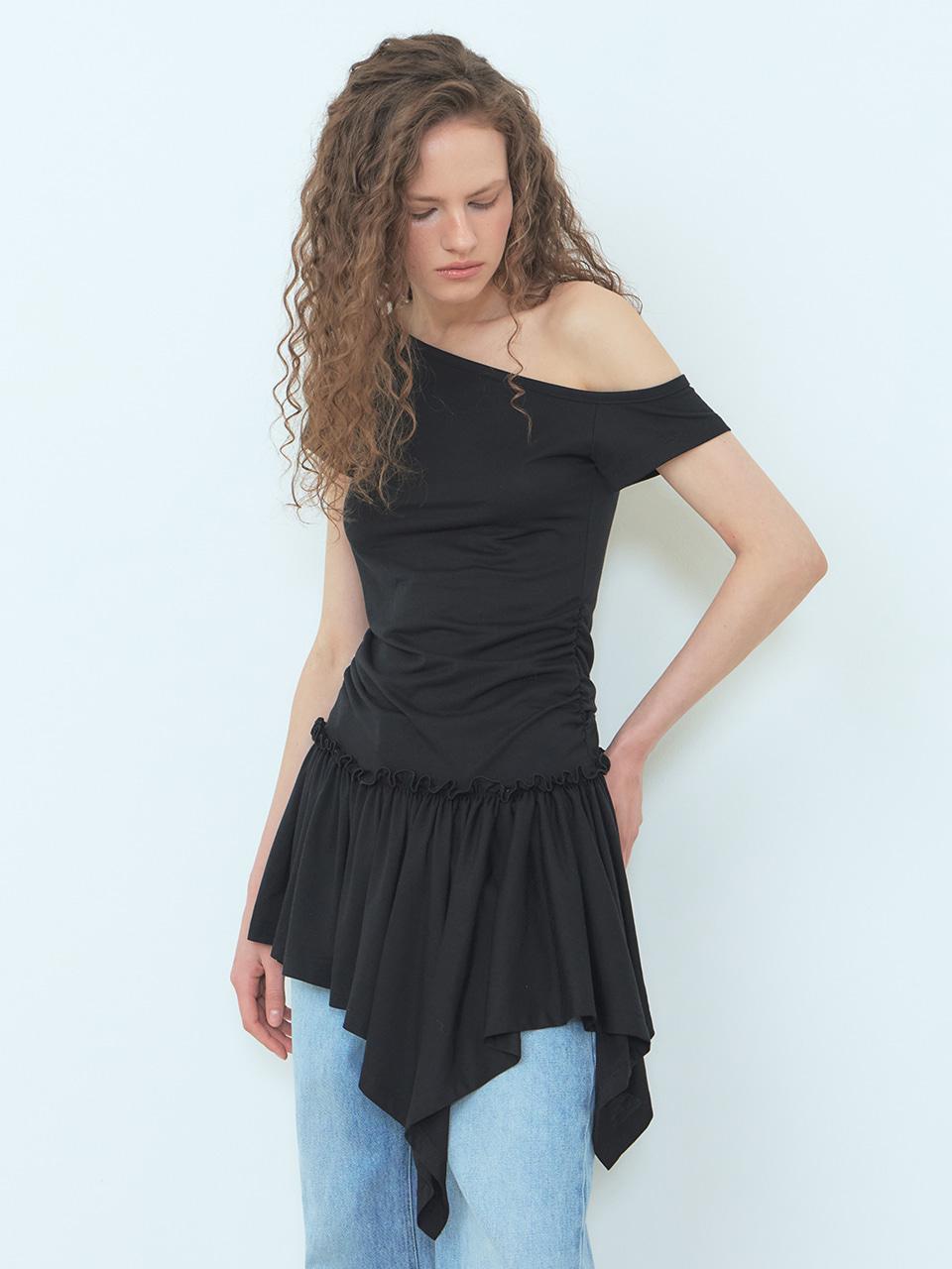 One-Shoulder Frill Mini Dress, Black