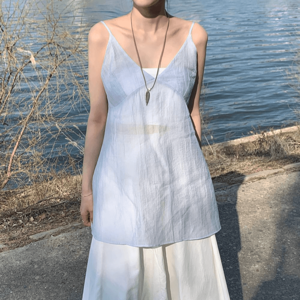 우누 뷔스티에 롱 슬리브리스 (2 color) 여름 썸머 끈조절 미니 골지 브이 레이어드 블라우스 나시 원피스