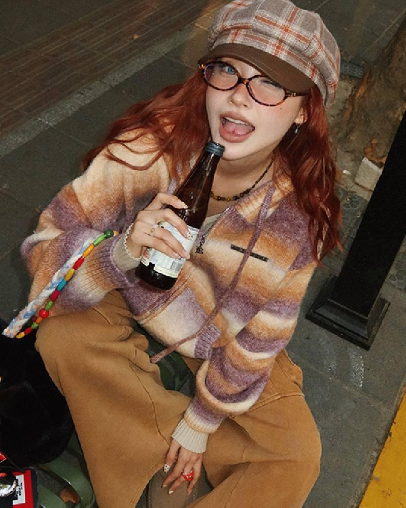 American -style dyeing section gradient cardigan sweater