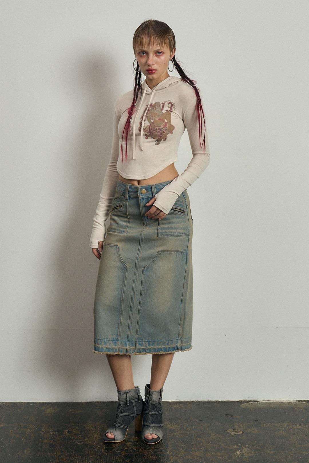 DOUBLE KNEE DENIM SKIRT LIGHT BLUE