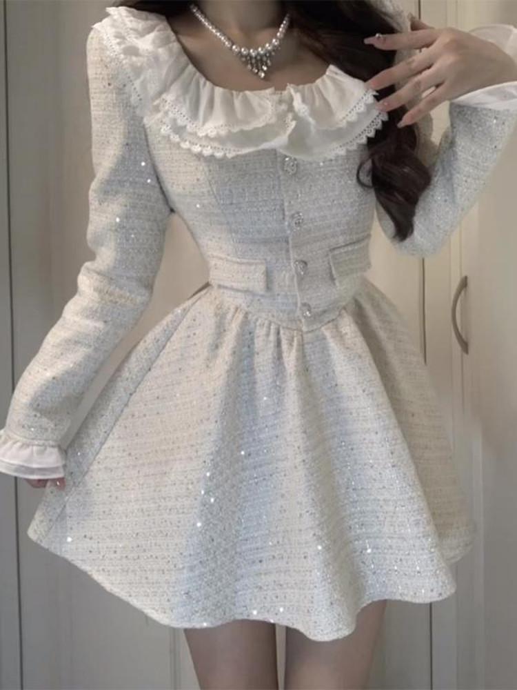 겨울 a라인 화이트 트위드 자켓 미니 원피스