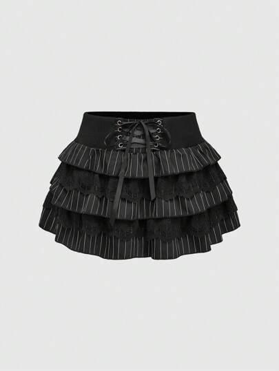 ROMWE Kawaii 여성 Y2K 저웨스트 앞 타이 심플 캐주얼 스트라이프 플리츠 스커트