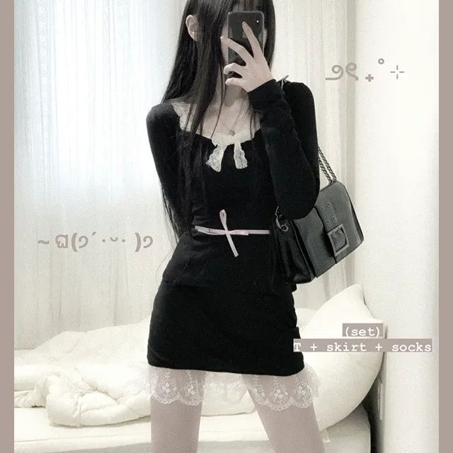 (set/3pc) 쿠로 발레코어 무드 쓰리피스 세트 레이스 리본 허리끈 블라우스 슬림 세미크롭 긴팔티 + 스판 레이어드 미니 스커트 + 쫀쫀 오버 니삭스 스타킹