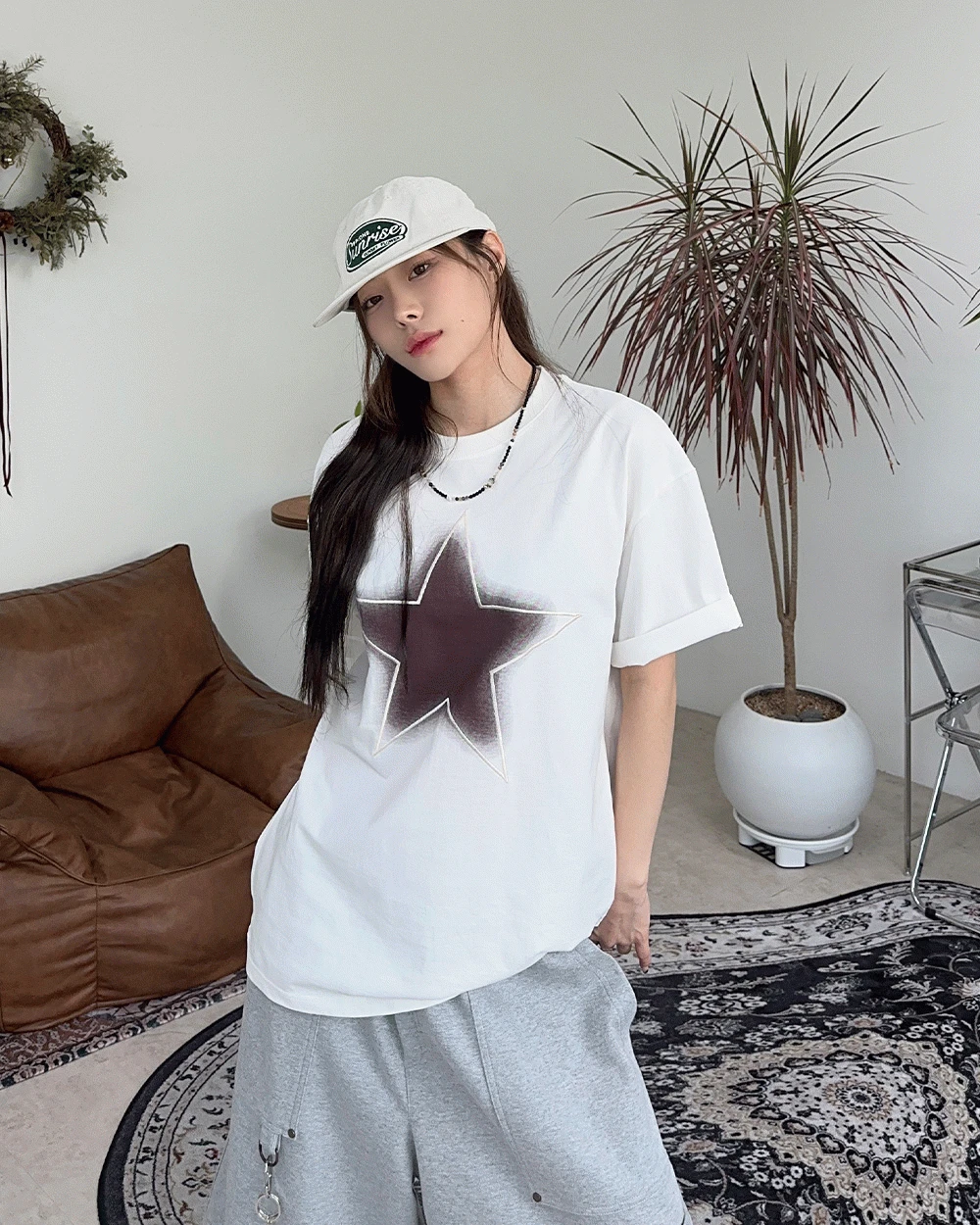 데니드 스타 자수 티셔츠