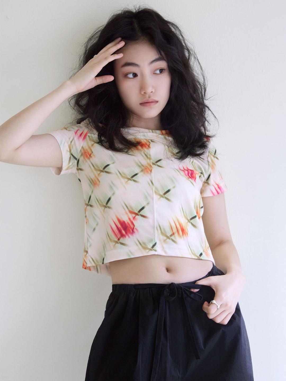 Flower check t-shirt - Apricot