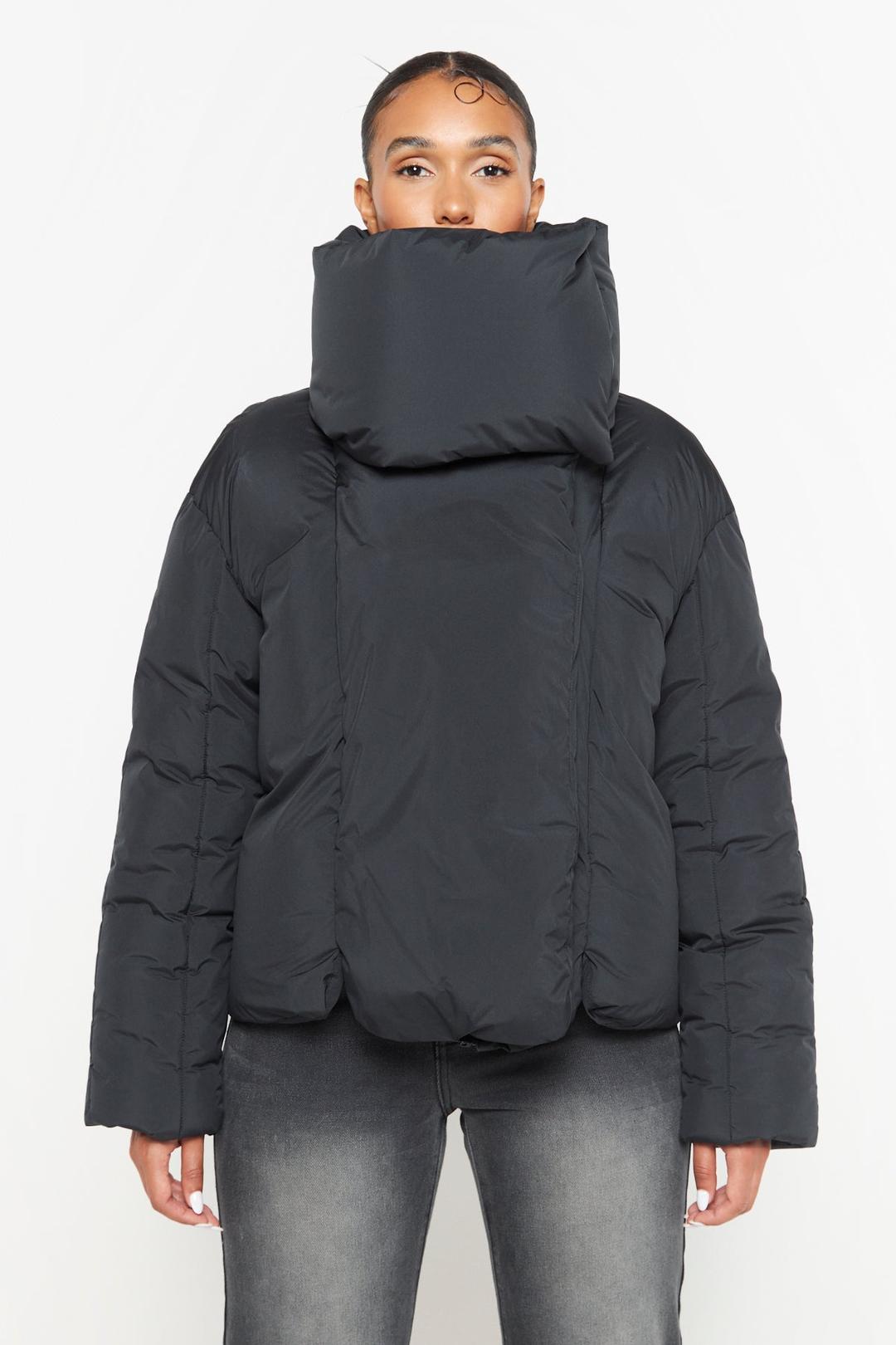 Black Wrap Neck Puffer Coat