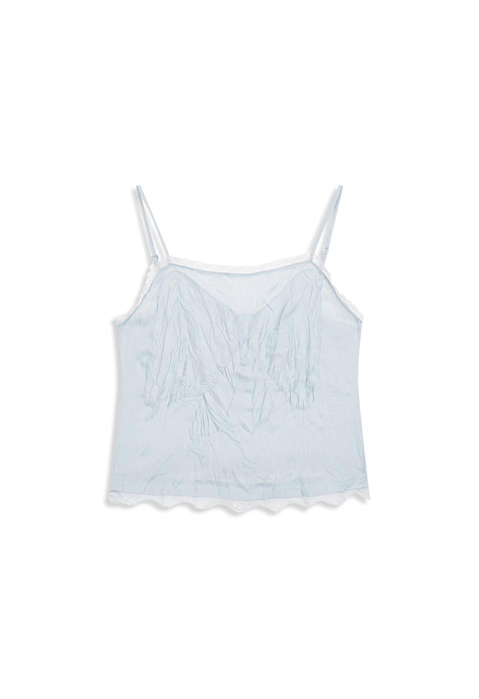 CRINKLED LACE TRIM TOP, SKY BLUE