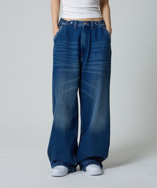 스냅 버튼 와이드 데님 팬츠 딥블루