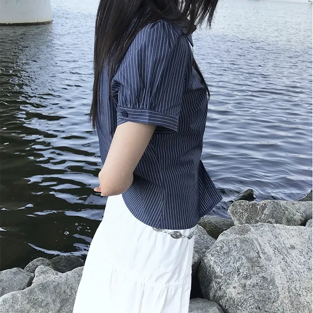 [여름셔츠🪽/말라핏] 시온 스트라이프 슬림 퍼프 반팔 셔츠