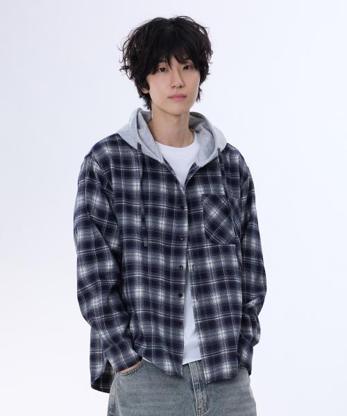 오버핏 체크 후드 셔츠 네이비(그레이) YLS-701