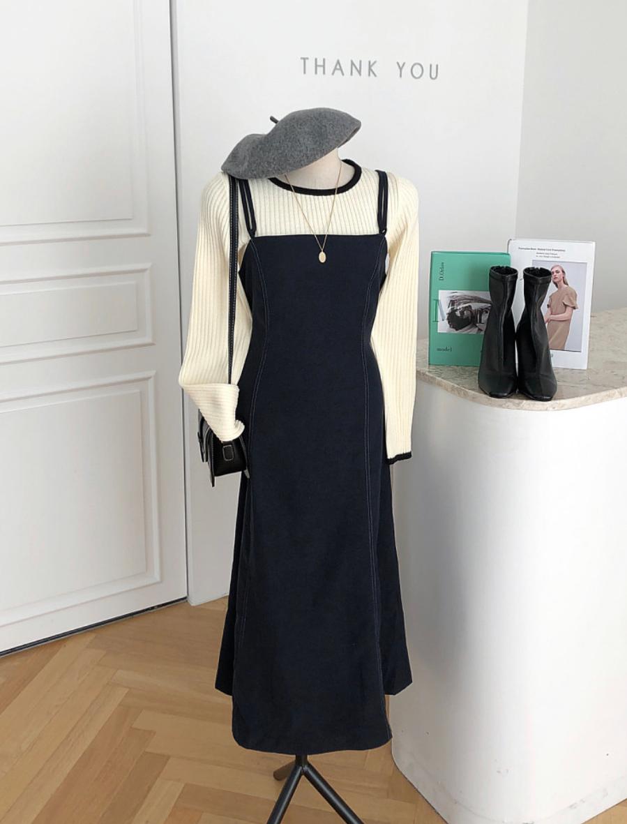 [무배]겉기모 스티치 뷔스티에 스트랩 롱 원피스(2color)H-855