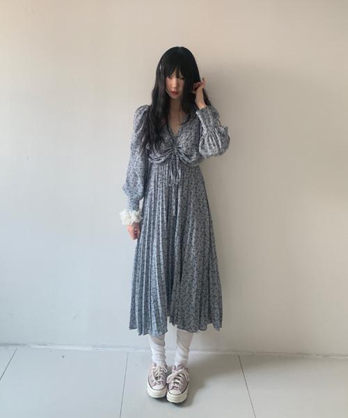 (Vintage)Flower V Neck Shirring Dress