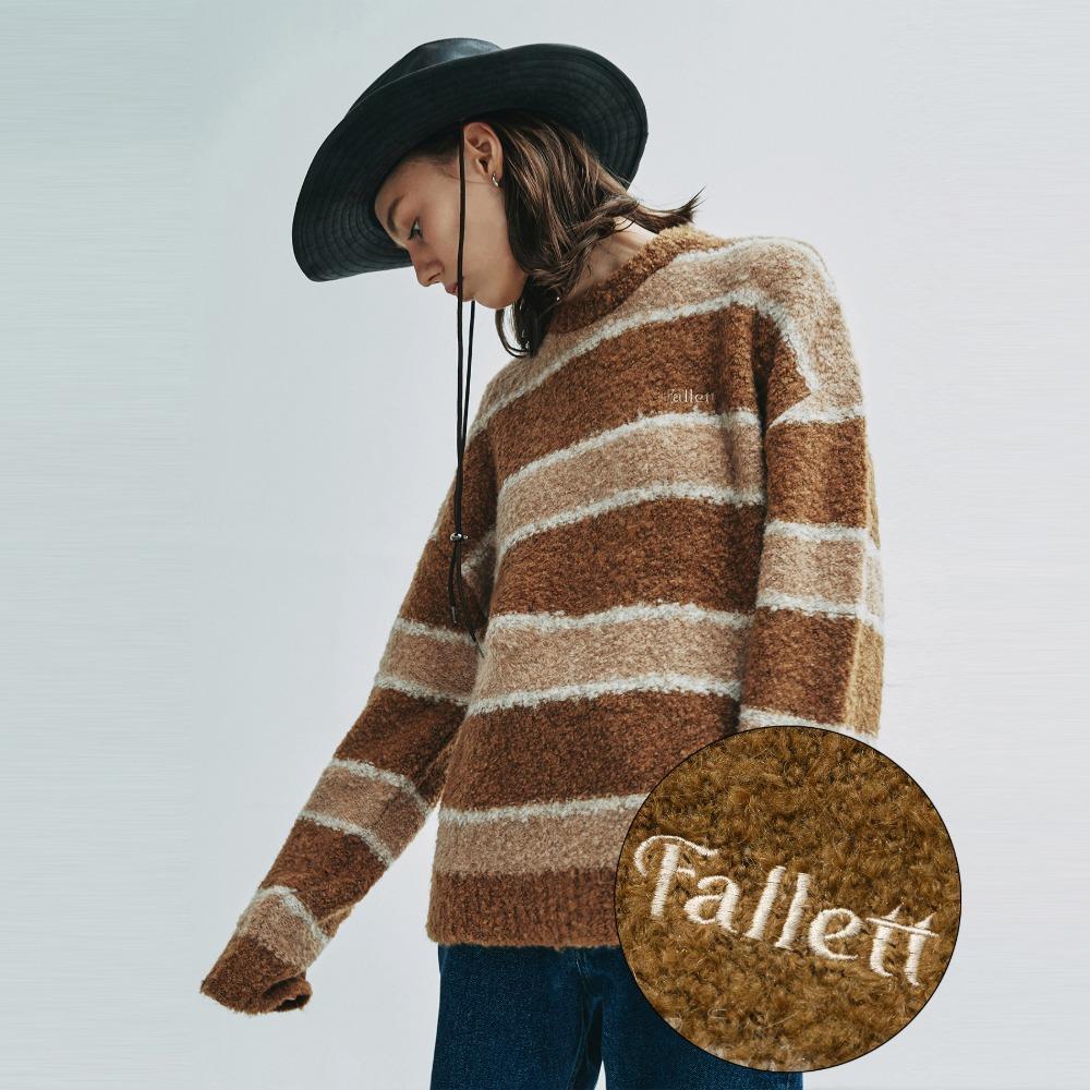 부클 스트라이프 니트 브라운