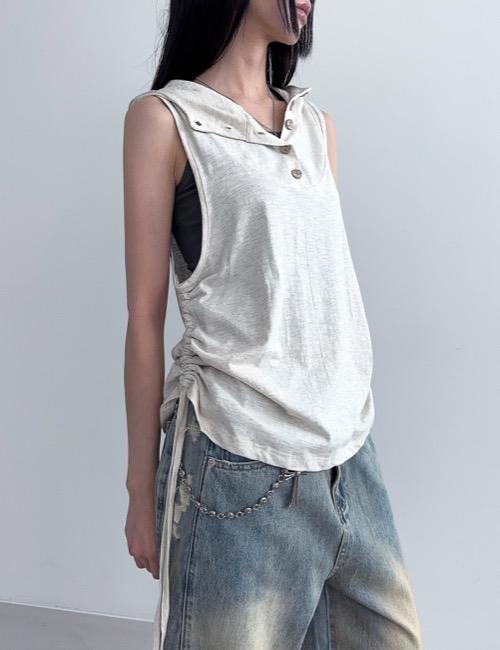 로웨어 button shirring hood tee