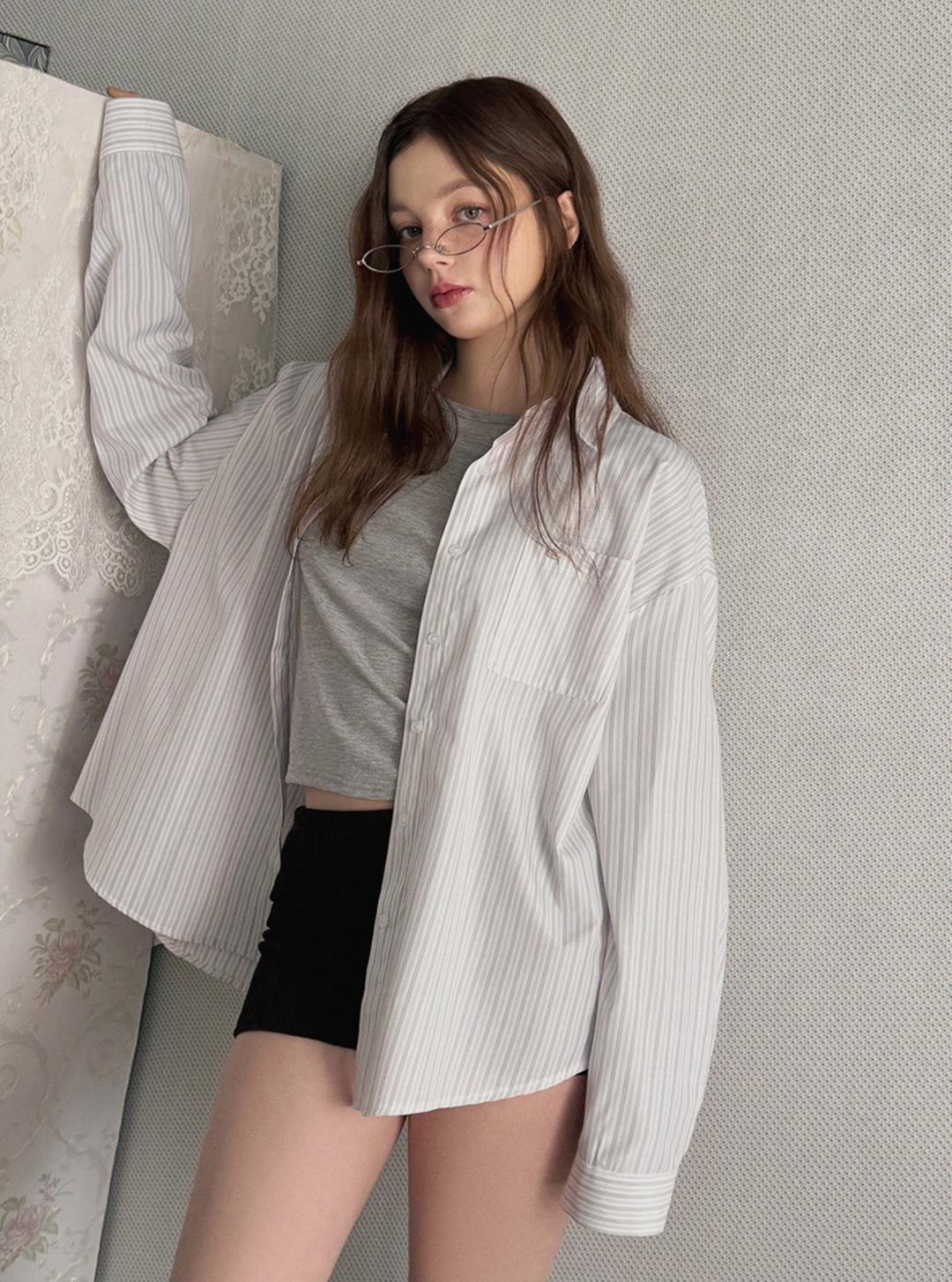 [온라인단독] 루벤 스트라이프 포켓 오버핏 긴팔 셔츠