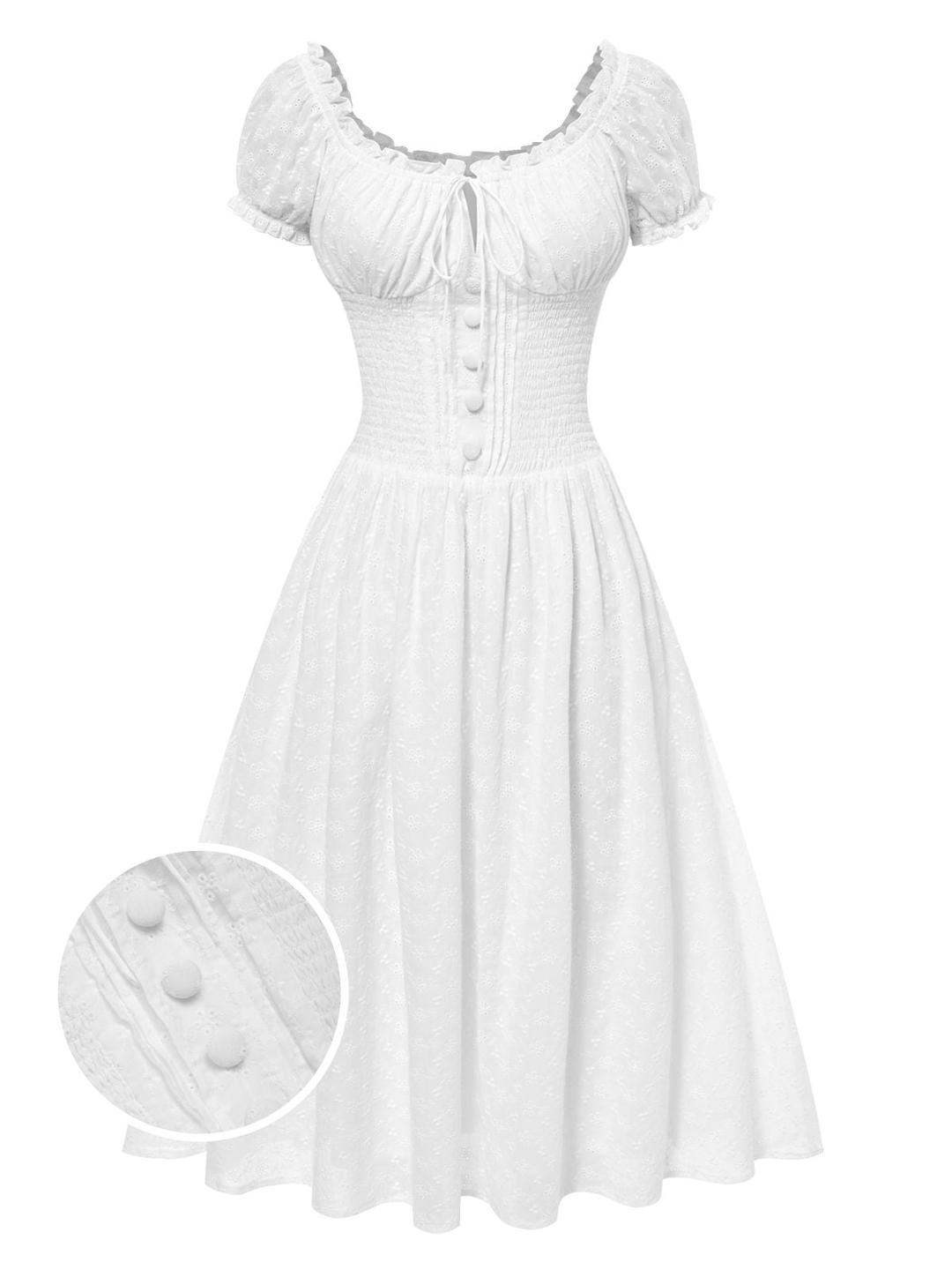 White 1940s Solid Cotton Embroidered Lace Dress - White / S / 2