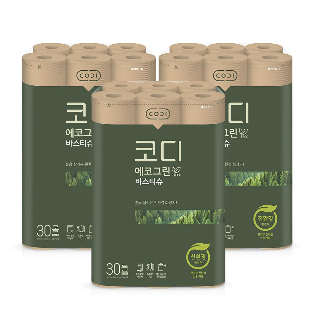 코디 에코그린 바스티슈 30m 30롤 3팩 친환경 화장지