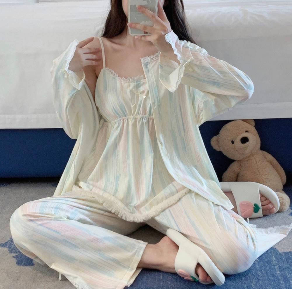 라벨르오브 코튼캔디 아이보리 쓰리피스 패드내장 홈웨어 잠옷 파자마 상하의세트 생일선물