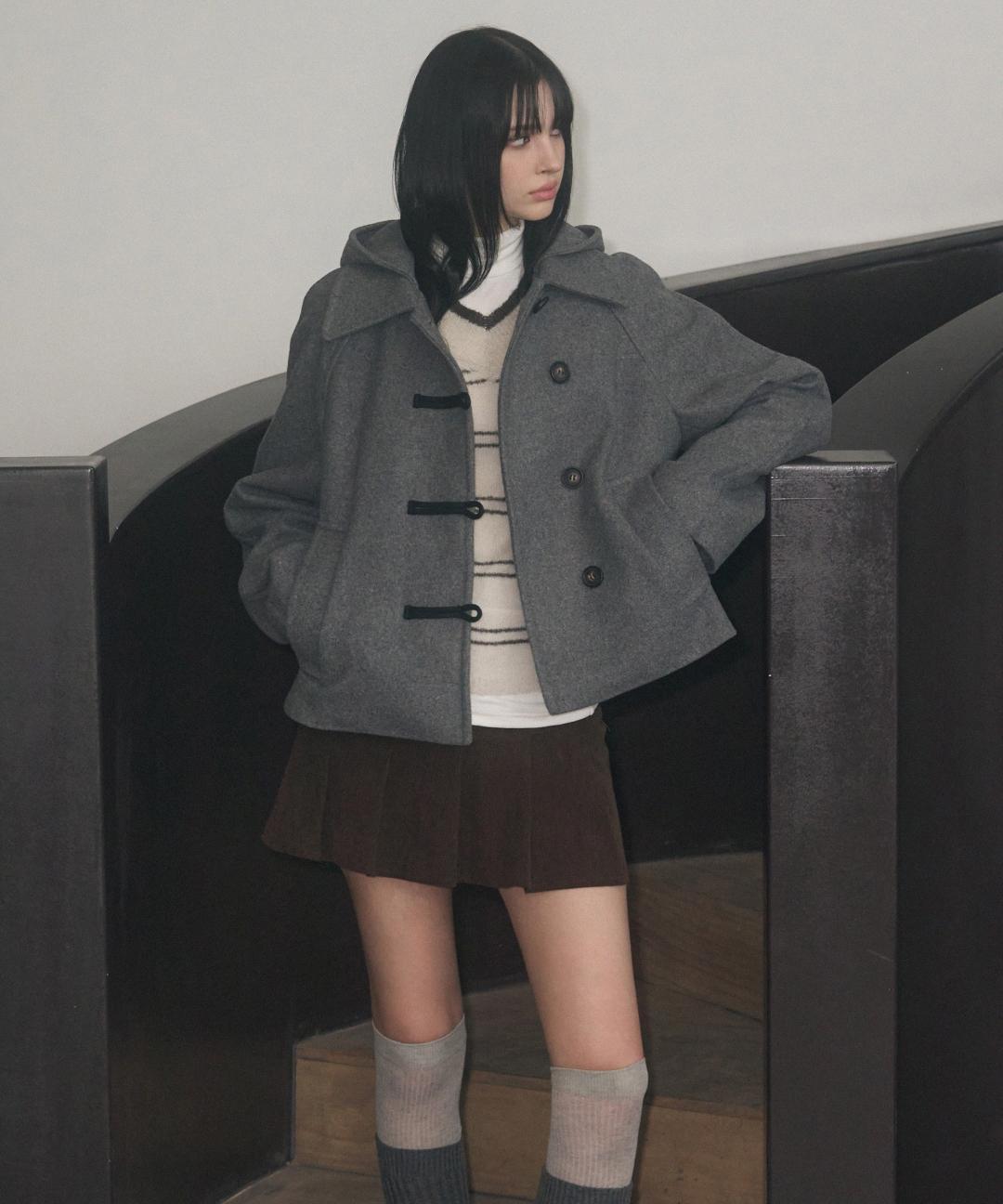 레더리 [그레이 12월 10일 예약배송] 캐시미어 멜톤 더플 후디 숏 코트 [2COLOR]