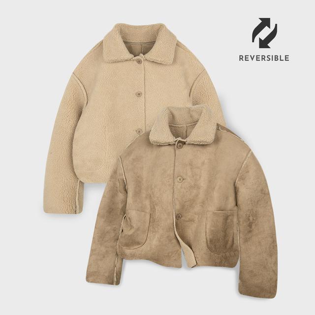 [단독판매] 오버핏 리버시블 스웨이드 크롭 양털 자켓 무스탕 점퍼 [베이지]