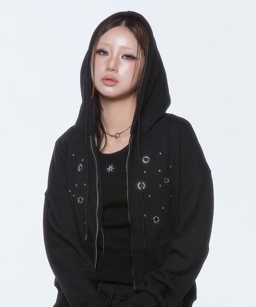 DUC) Eyelet Stud Hoodie Zip-up Black