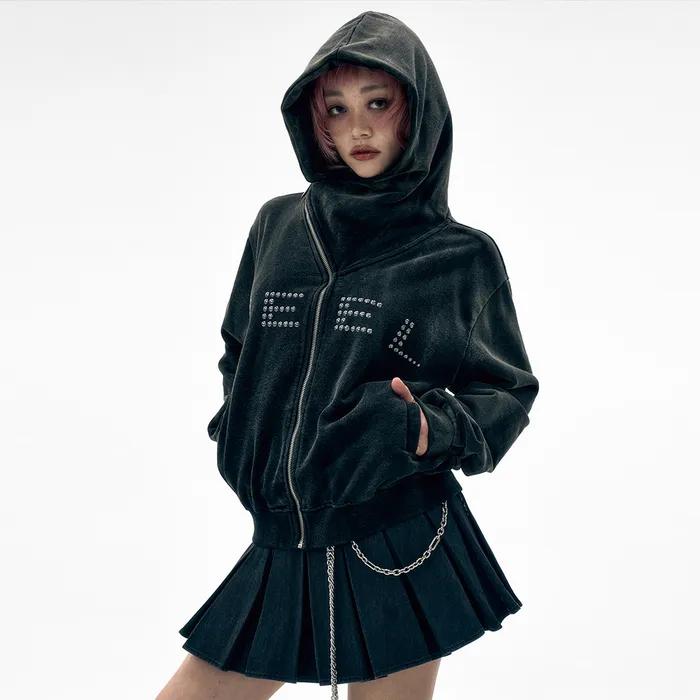 STUDDED Y ZIP-UP HOODIE BLACK