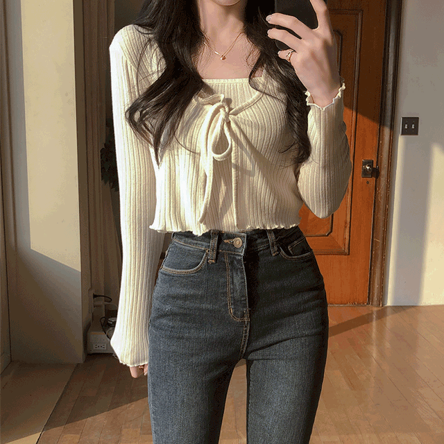 내꼬야 골지 리본 니트 나시 크롭 가디건 세트 (아이보리/블랙/퍼플/레드)