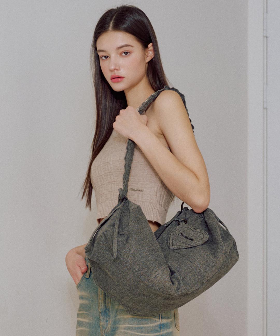 제로플래닛 데님 셔링 리본 백 [BLACK]