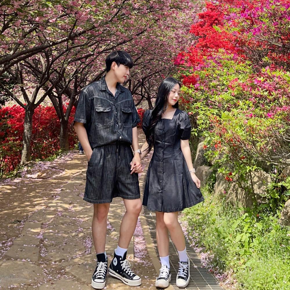 여름 데님 스퀘어넥 퍼프 소매 미니 원피스 바다 휴양지 커플 시밀러룩