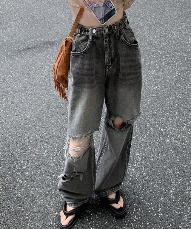 [S~XL/스트릿] 데미지 워싱 찢청 그레이 흑청 와이드 데님 팬츠