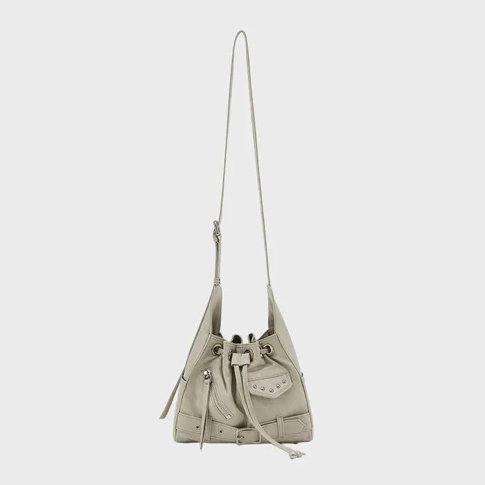 DEINET STUD BELTED MINI BUCKET BAG IN ASH BEIGE
