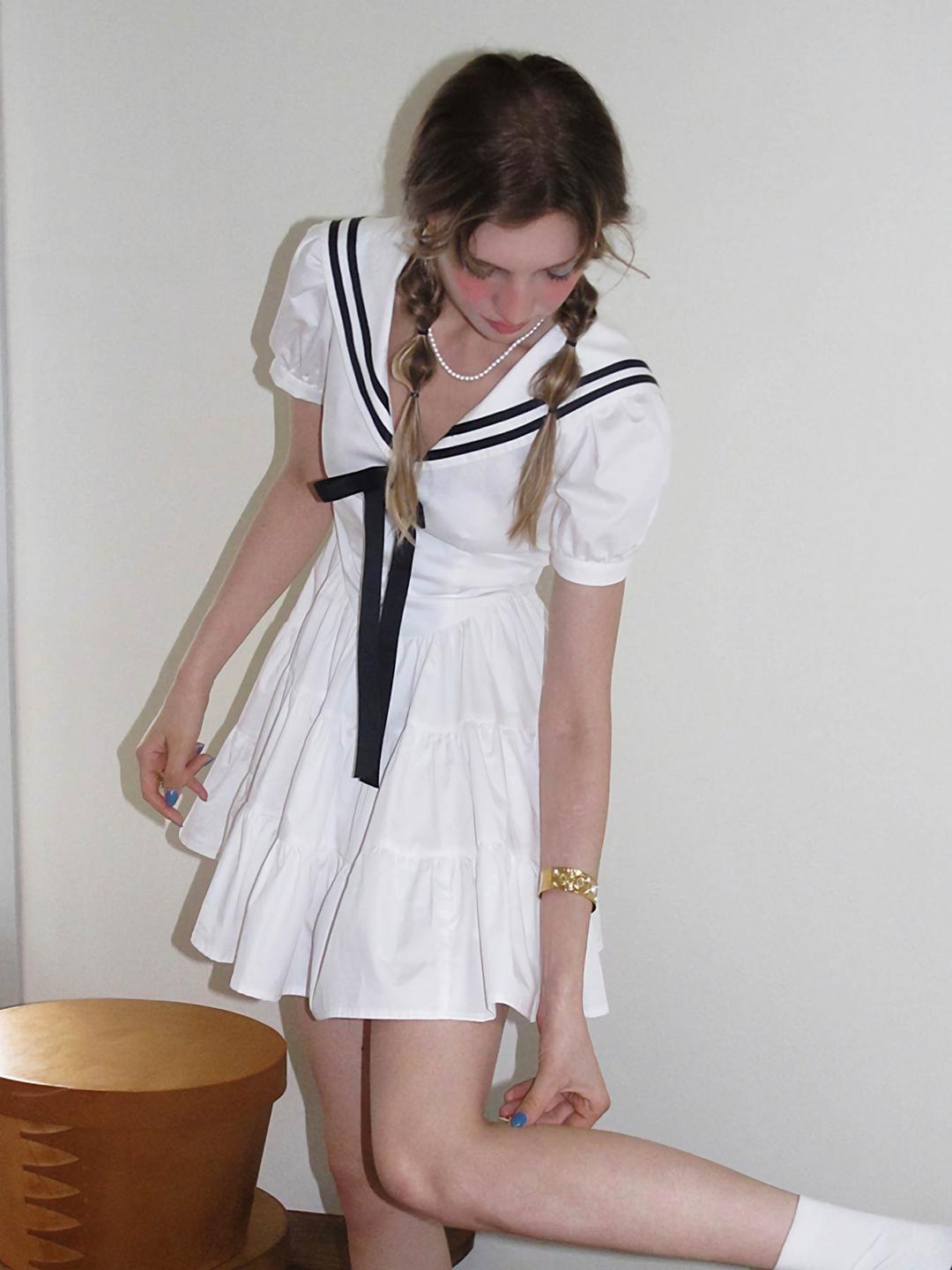 [UENA] Sailor Collar Ribbon Puff Sleeve Dress