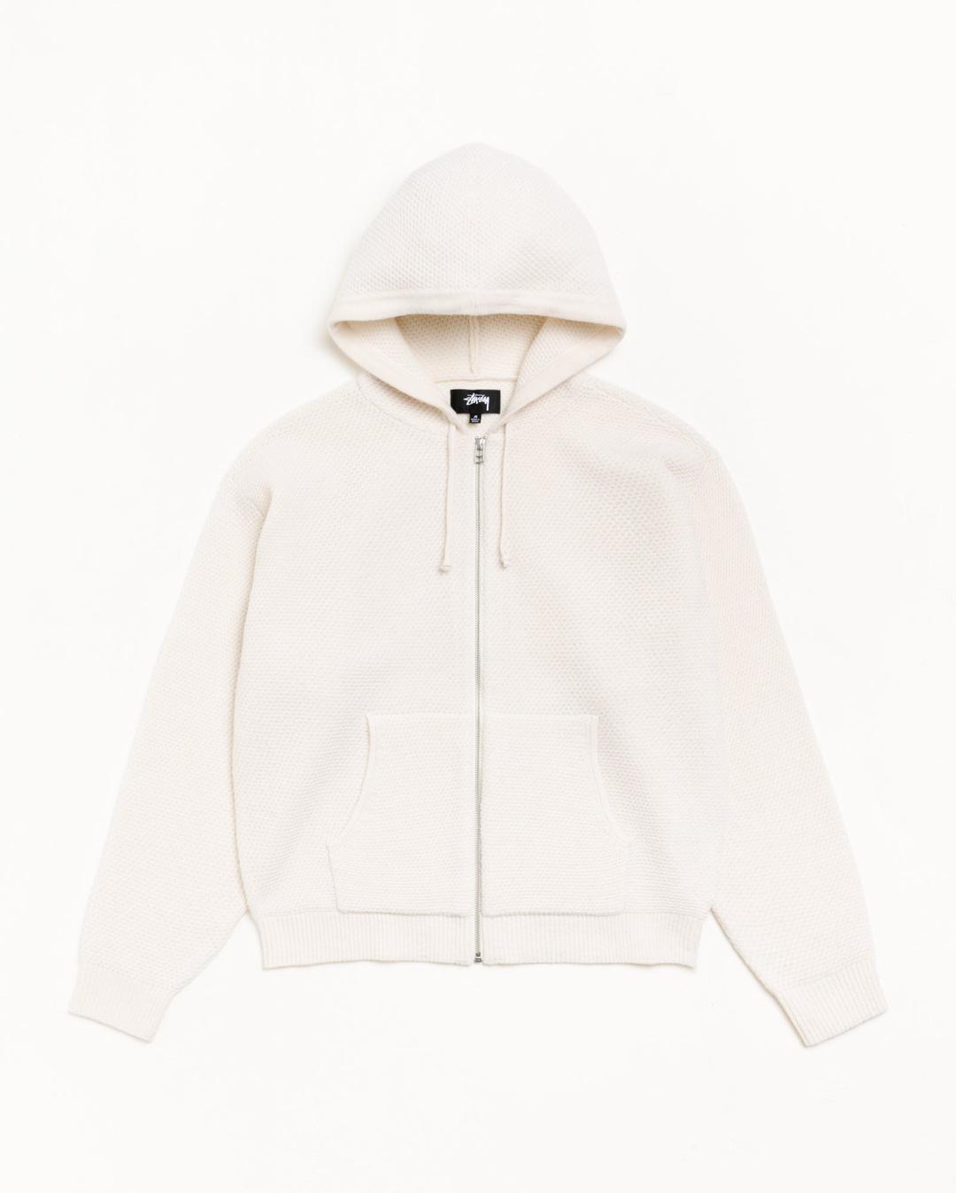 TEXTURED ZIP HOODED SWEATER - Bone / S