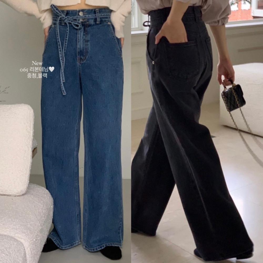 (당일/BEST/쿠폰/무배) 미엘 065 데님 팬츠 리본 진청 흑청 와이드 청바지