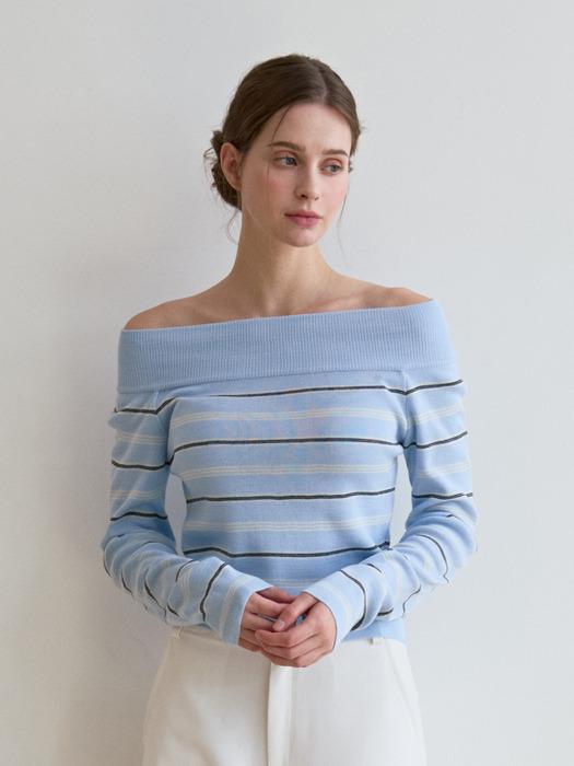 stripe off-shoulder pullover-skyblue combi