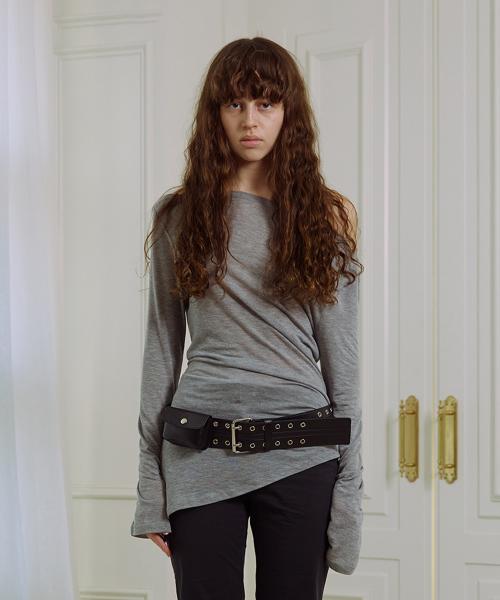 ONE SHOULDER UNBALANCE LONG SLEEVE TOP, GREY