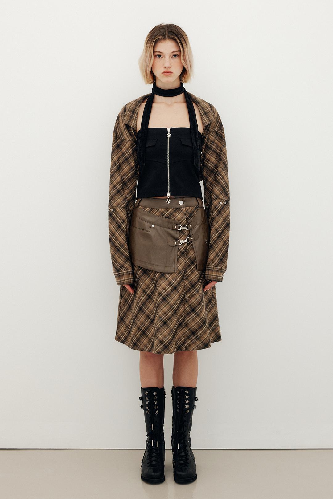 LEATHER LAYERED CHECK MIDI SKIRT - BROWN